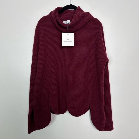 Chloe Kristyn Anna Scallop Sweater Burgundy Cashmere Wool Sweater Size Large - Picture 4 of 8